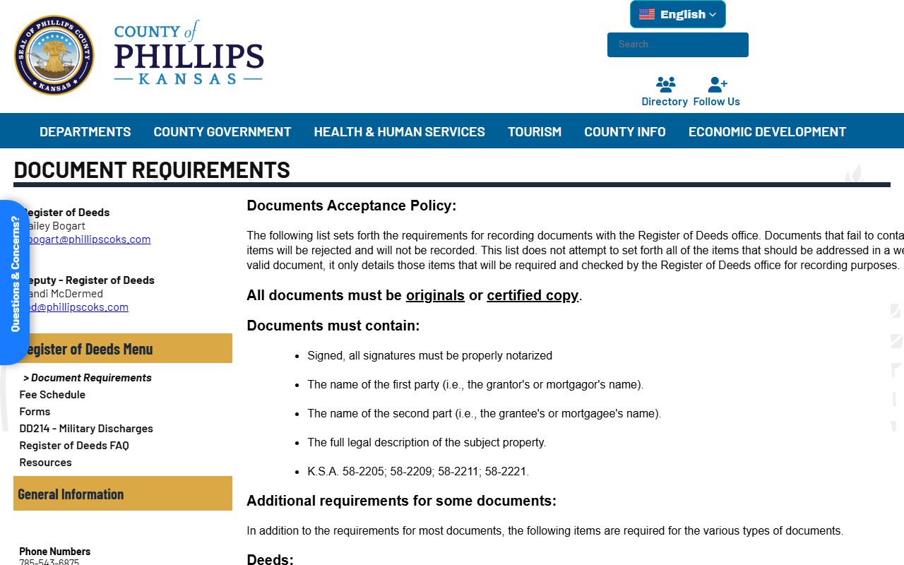Phillips County Clerk of the District Court Register of Deeds document requirements