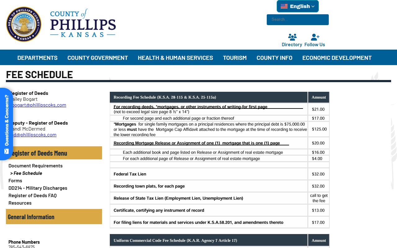 Phillips County Clerk of the District Court Register of Deeds copy fees
